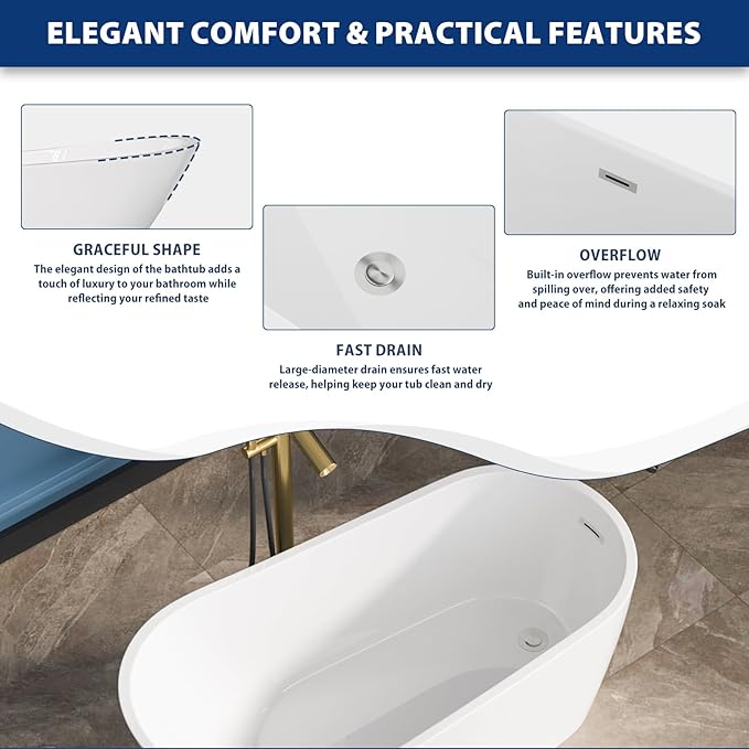 Sarlai 59 Inch Acrylic Freestanding Soaking Bathtub Contemporary Soaking White Tub Stand Alone Ergonomic Bathtub with Chrome Drain and Overflow