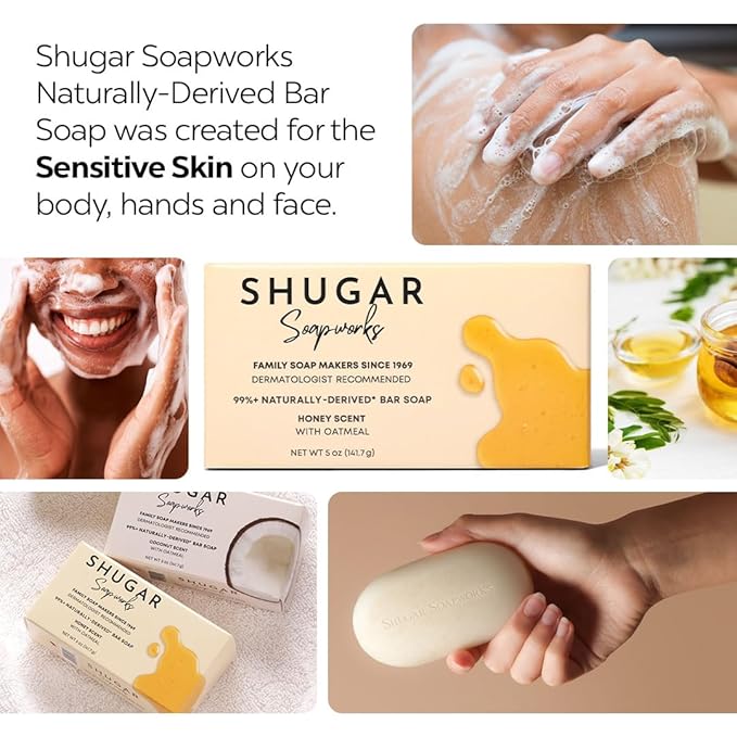 Shugar Soapworks Oatmeal & Honey 5 oz Beauty Bar Soap 8-Pack | Plant-Based Vegan Formula | Sulfate & Paraben Free | Gentle Exfoliating Cleanser with Finely Ground Oatmeal Flakes