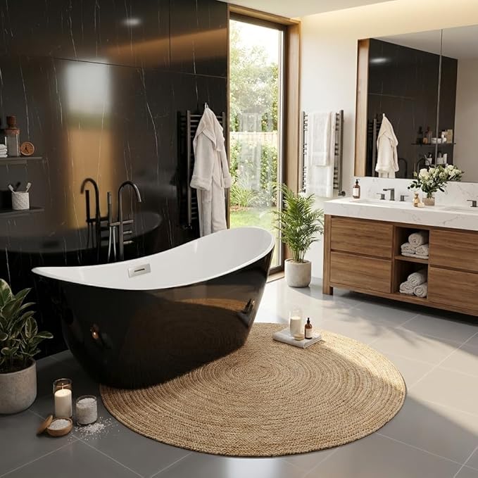 59" Deep Soaking Bathtub, Non-Slip Acrylic Tub with Chrome Drain, CUPC Certified, Ergonomic Modern Bath for Bathrooms, Easy-Install, Black Ingot