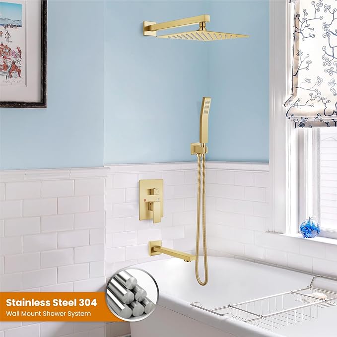gotonovo Shower System with Tub Spout Wall Mounted Rain Shower Head and Handle Combo Shower Faucet Set with Valve, 10 Inch, Brushed Gold