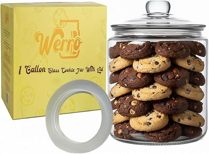 Glass Cookie Jar - 1 Gallon Wide Mouth Glass Jar With Lid - Extra Gasket - Large Food Storage Container, Candy Jar With Airtight Lid, Pet Food, Flour, Detergent Pods, Kitchen or Laundry Room