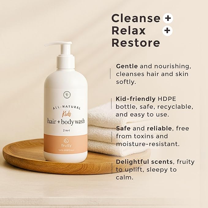 Rowe Casa Organics 2-in-1 Kids Hair & Body Wash with Therapeutic Essential Oils – Sleepy Kids Shampoo & Body Wash with Floral, Relaxing & Calming scent – 16 Fl. Oz