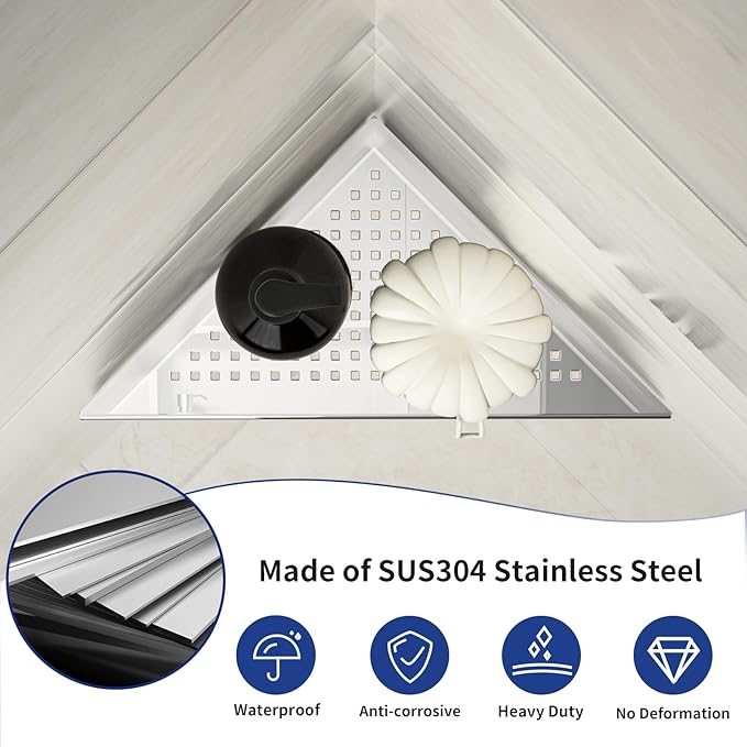 Corner Shower Shelf, 10" Polished 304 Stainless Steel Recessed Shelves for Bathroom, Grout in Shelf Racks for Tiled Wall, 2 Pack