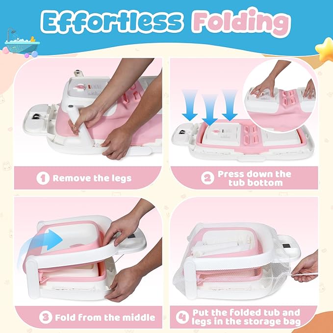 Orzbow Collapsible Baby Bathtub, Large Baby Bath Tub for Newborn with Soft Cushion & Thermometer, Travel Portable Baby Tubs for Infants to Toddler 0-36 Months, Pink