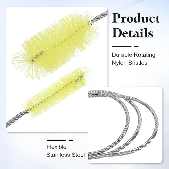 HARFINGTON 3pcs Flexible Long Drain Brush Straw Cleaner Set 78.74" Stainless Steel Double Ended Hose Brush with 8" Nylon Long Tube Pipe Cleaning for Fish Tank Sink Pipe, Yellow