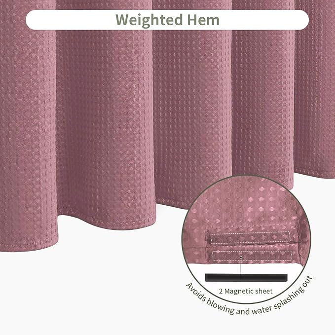 Inhousolu Fabric Shower Curtain Waffle Weave, 230 GSM Heavy Duty, Weighted Hem, 14 Metal Hooks, Water Repellent, Machine Washable, Hotel Spa Luxury Bath Curtain Set, 72 x 72 Inch, Pink