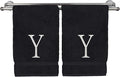 Monogrammed Hand Towel, Personalized Initial Gift, Extra Absorbent 100% Turkish Cotton - Soft Terry Finish - Set of 2 - White Block Initial Y - Embroidered on Black Towels
