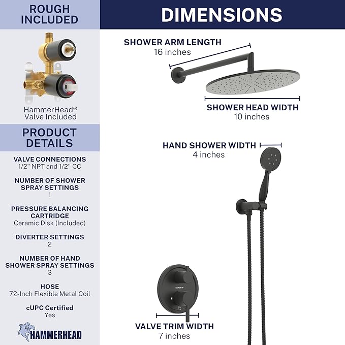 HammerHead Solid Metal Rain Shower System Set with Handheld and 10" Rainfall Head, Shower Valve and Trim Kit, 2-Handle Shower Faucet Set with 2 Way Diverter Body – Matte Black
