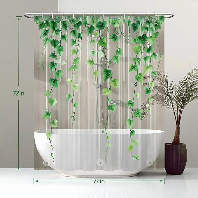 Clear Green Ivy Leaves Shower Curtain Liner, Transparent Plastic Nature Green Botanical Leaf Decorative Waterproof Shower Curtains for Bathroom, 72x72 Weighted Magnetic Shower Curtain Liner with Hooks