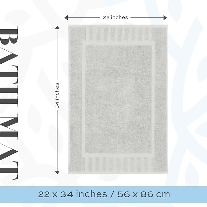 White Classic Luxury Bath Mat Floor Towel Set - Absorbent Cotton Hotel Spa Shower/Bathtub Mats [Not a Bathroom Rug] 22"x34" | 2 Pack | Silver