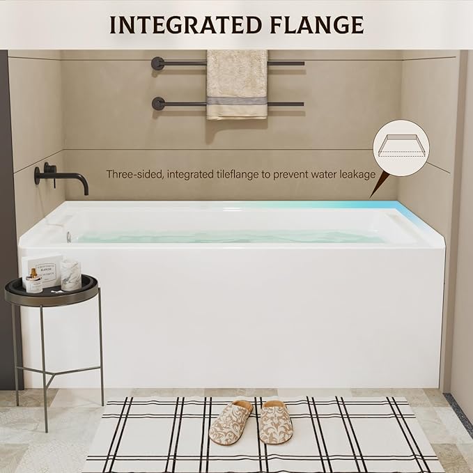 60x32 Inch Acrylic Bathtub, Single Apron Alcove Soaking Tub with Right-Side Overflow & Drain, Space-Saving Built-In Design, Easy Install for Modern Bathrooms