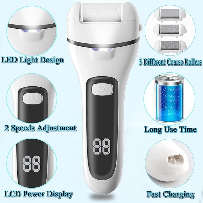 Callus Remover for Feet Electric Foot File, 13-in-1 Professional Pedicure Tools Foot Care Kit, Foot Scrubber Pedi for Hard Cracked Dry Dead Skin, 3 Rollers, 2 Speed, Battery Display (White&Grey)