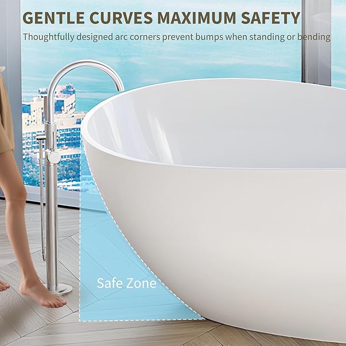 63" Freestanding Solid Surface Bathtub - Engineered Stone Resin Soaking Tub with Overflow & Pop-Up Drain, cUPC Certified Glossy White, 73-Gallon Capacity Deep Soak Tub Wavy for Modern Bathrooms