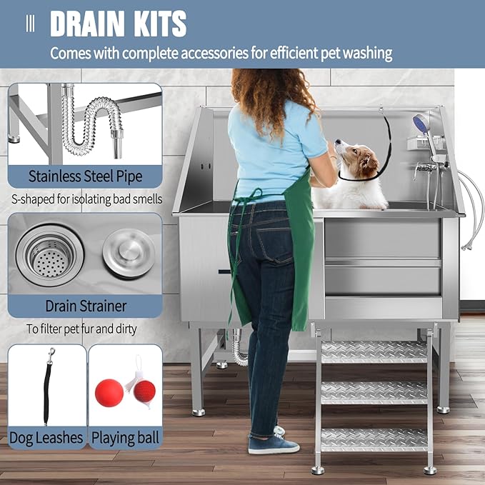 Stainless Steel Dog Cat Pet Grooming Bath Tub (w/Faucet, Sprayer, Shampoo Rack)