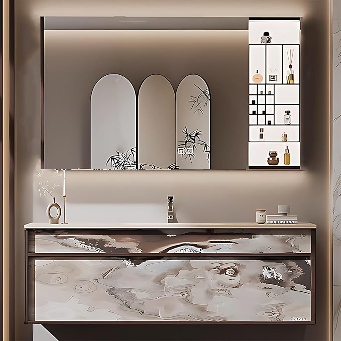 36IN Modern Bathroom Vanity with Sink - Bathroom Vanity with Drawer Organizer, LED Mirror Lights & Defogging Function | Wall - Mounted Vanity with Silver Sink Faucet