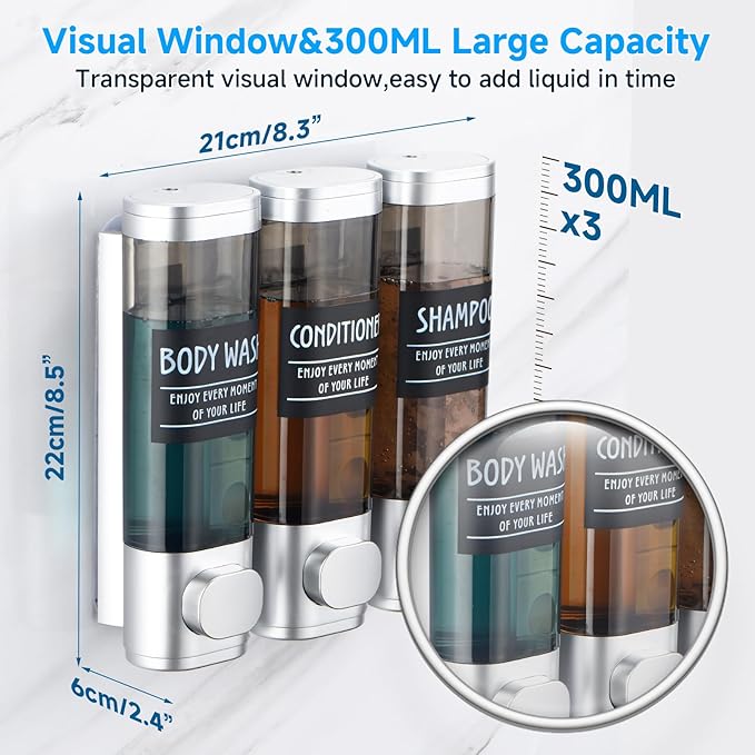 Shampoo and Conditioner Dispenser,GlintGath Shower Dispenser 3 Chamber No Drill Shampoo Dispenser for Shower Wall Mounted Shower Soap Dispenser for Bathroom Hotel,3 * 300ML,Silver