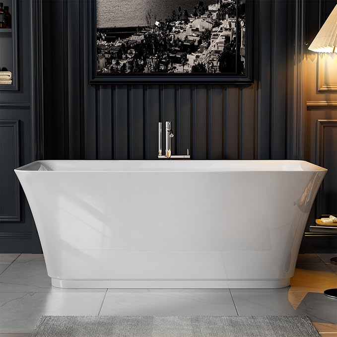 Empava 59 Inch Freestanding Bathtub - Mordern Stand Alone Soaking Tubs with Integrated Drain & Overflow System, White