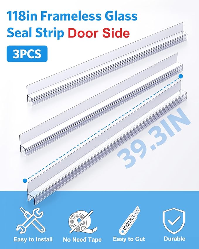Shower Door Side Seal, 3Pack Shower Door Side Sweep Strip, Frameless Glass Doors Seal Strip for 3/8'' (10mm) Thick Doors, Showers Water Guard & Barrier 39.3'' x 0.39''