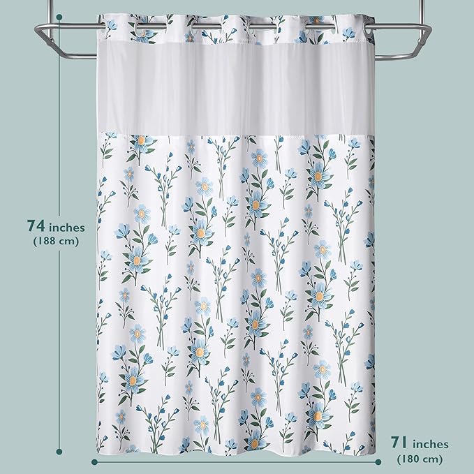Lagute SnapHook Floral Shower Curtain with Snap-in Liner for Bathroom| No Hook Needed| Mesh Top Window| Machine Washable| Hotel Grade| 71Wx74L，Blue Bouquet