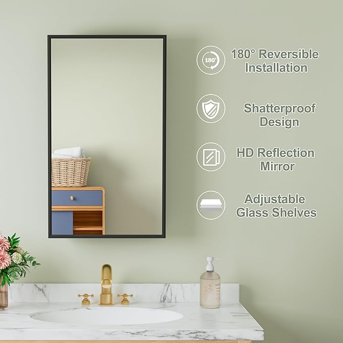 Buruis 14"x 24" Framed Medicine Cabinet with Mirror, Recessed or Wall Mounted Bathroom Cabinet, Adjustable Tempered Glass Shelves, Left/Right Open Reversible, No Assembly Required, Black