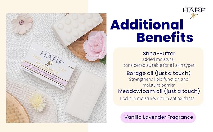 HARP pH-Balanced (5.0-6.0) Body Wash Bar. 100% Syndet. Protects Moisture Barrier For Sensitive, Dry or Irritated skin. + Shea Butter/Borage Oil. Non-Comedogenic. VANILLA LAVENDER FRAGRANCE