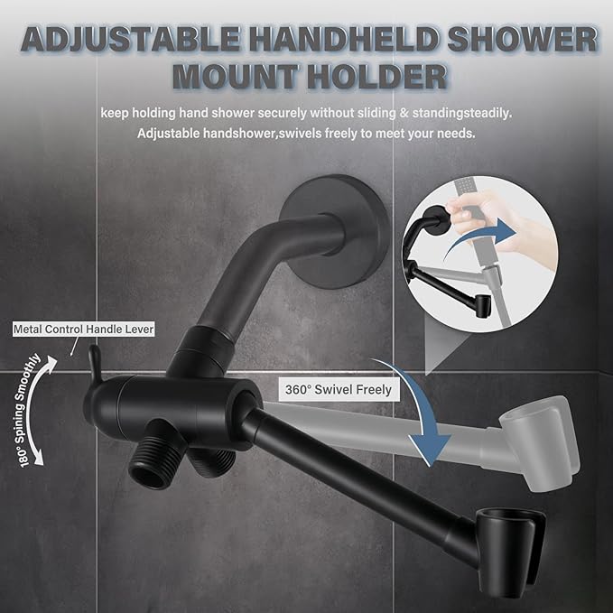 YDmeet All Metal Shower Diverter Valve With HandShower Holder - Upgraded 3 Way Shower Head for Handheld and Fixed Rain Showerhead - Universal G1/2 Arm, Bathroom Part, Matte Black