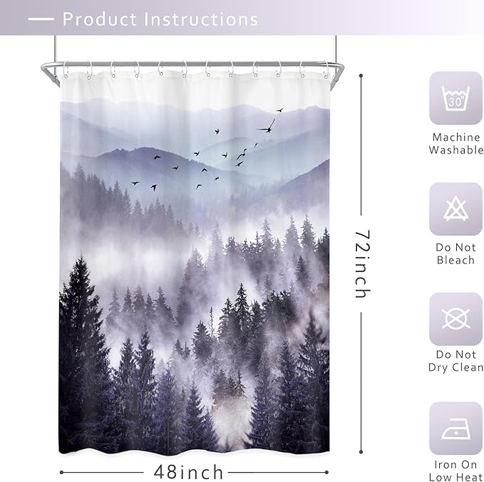 Riyidecor Purple Shower Curtain 48Wx72H Inch,Stall Narrow Rv Small Nature Mountain Woods,Rustic Landscape Scenery Pine Tree Natural Woodland Bathroom Decor Fabric Polyester Waterproof 12 Pack Hooks