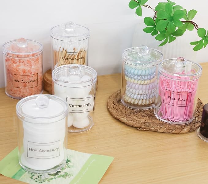 2 Pack Acrylic Qtip Holder Dispenser,Bathroom Canisters Apothecary Jar Set, Vanity Makeup Storage Organizer Set,10 oz