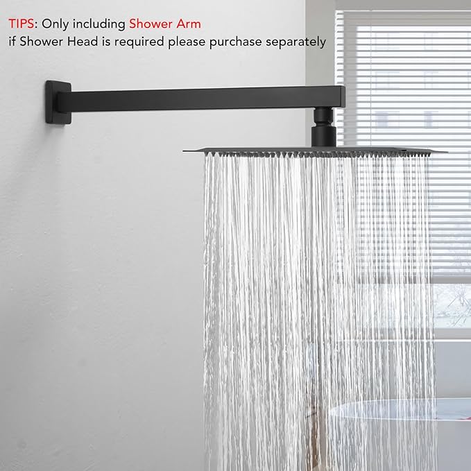 BESy 14 Inches Straight Extended Shower Arm With Flange, Rain Shower Head Extension Arms, Square Shower Rod Shower Head Extender Arm Shower Pipe Extension, Wall-Mounted Matte Black Stainless Steel