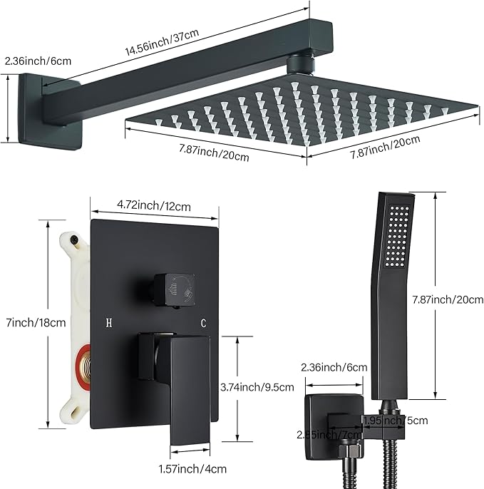 Shower Faucet Matte Black Shower System with 8 Inches Rain Shower Head and Handheld Spray Bathroom Luxury Rain Shower Faucet Set Complete Wall Mounted