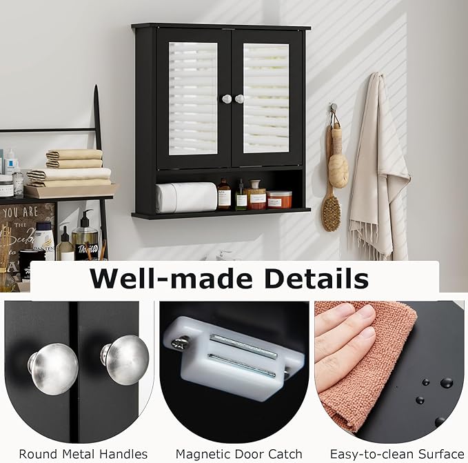 Tangkula Bathroom Medicine Cabinet with Mirror, Wall Mounted Wooden Hanging Organizer with Doors and Shelves, Bathroom Wall Mirror Cabinet (Mirror Doors, Black)