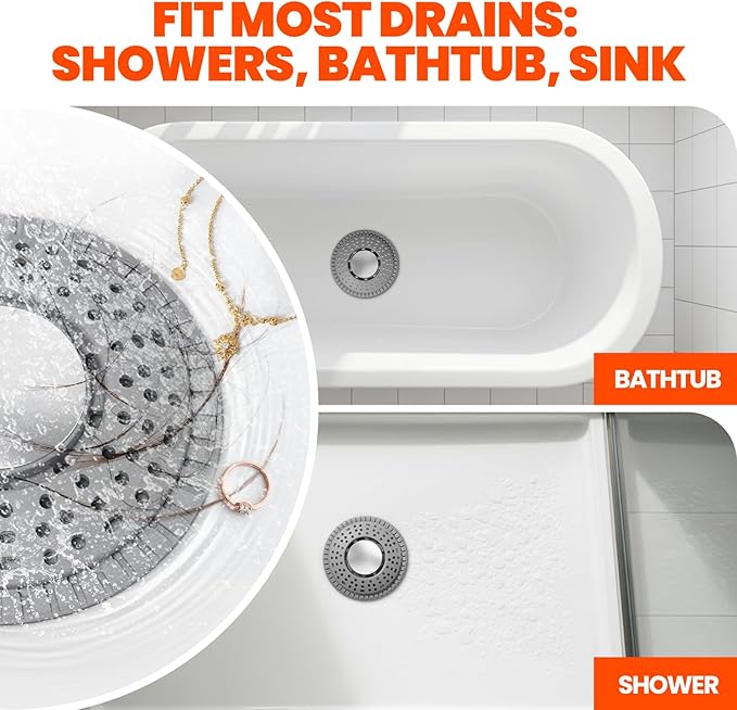 Shower Drain Hair Catcher, Upgraded 2Pack Premium Silicone Drain Protector & Shower Drain Cover for Regular Floor Drains of Shower Room, Bathroom, 304 Stainless Steel, Gray