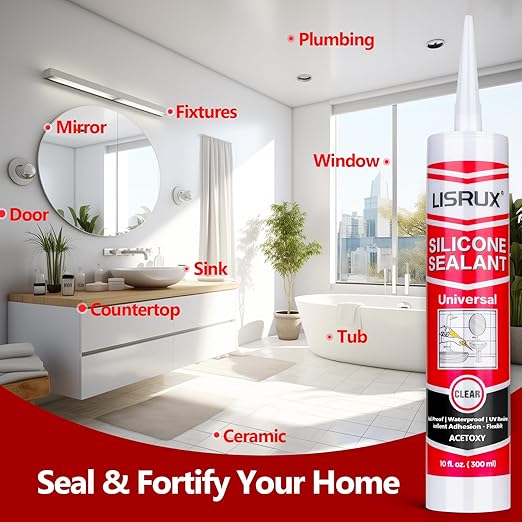 Clear Advanced Silicone Caulk & Sealant, 10Oz Cartridge, 100% Waterproof RTV Silicone Sealant for Kitchen and Bathroom, Shower, Toilet, Sink, Window and Door, Shrink & Crack Proof, 12 Pack