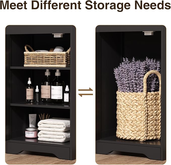 67"H Bathroom Storage Cabinet with Rattan Doors and Slide Storage, Tall Narrow Standing Tower Cabinet with Adjustable Shelves, Small Bathroom Floor Organizer for Entryway, Kitchen, Black