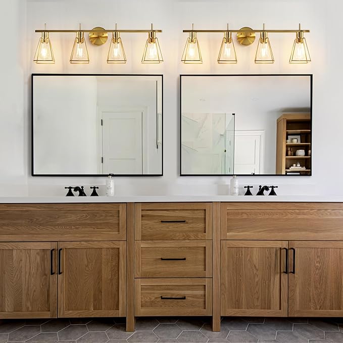 Industrial Bathroom Vanity Lights: 4-Lights Gold Brushed Brass Vintage Metal Cage Wall Lamps - Rustic Farmhouse Light Fixture Over Mirrors Cabinet for Painting Hallway