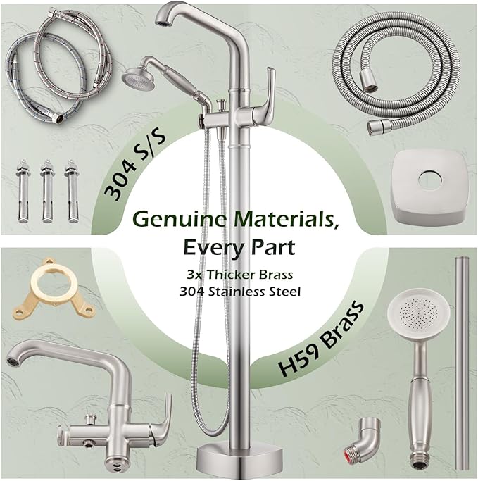 Luxury Free Standing Tub Faucet, Classic Brass Freestanding Bathtub Faucet, Lexdale Bathroom Floor Mount Tub Filler with handheld Sprayer Supply Lines Included Brushed Nickel (LD8911-BN)