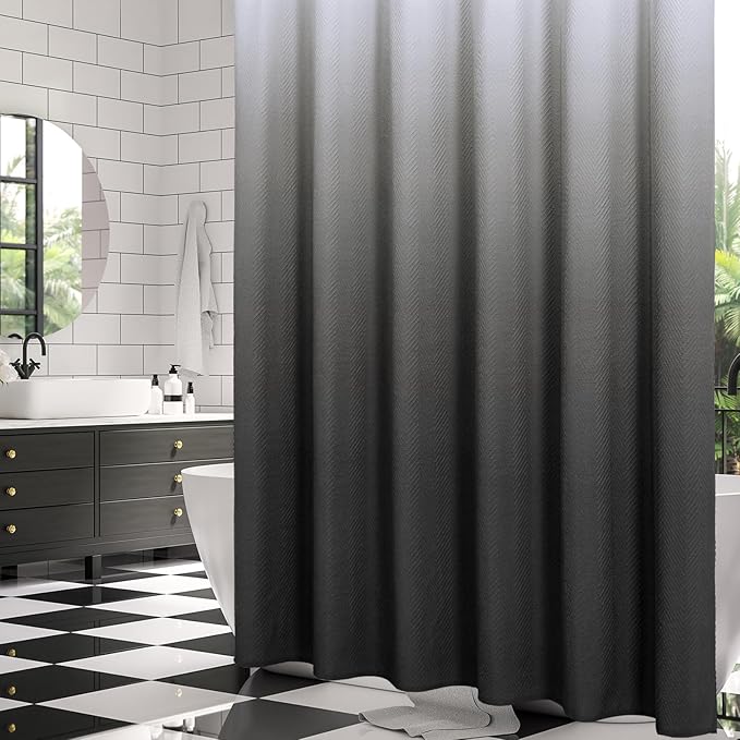 Gibelle Ombre Black Shower Curtain, 3D Embossed Textured Herringbone Fabric Shower Curtain, Modern Farmhouse Bathroom Decor Soft Cloth Shower Curtain Set with Hooks, 72x72