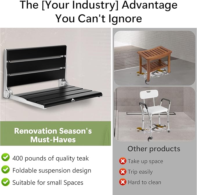 Wall Mounted Shower Seat - 16IN Teak Fold Down Shower Seat for Elderly, Disabled & Pregnant Women - Sturdy Shower Benches for Inside Shower with 400LB Capacity- 2025 Premium Black Shower Bench