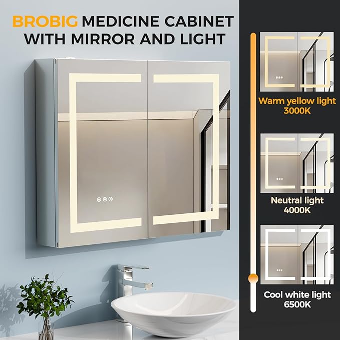 New LED Bathroom Mirror 24 * 36 Stepless Dimmable Wall Mirrors with Anti-Fog, Shatter-Proof, Memory, 3 Colors, Memory Function, Water Proof, Decor Vanity Mirror