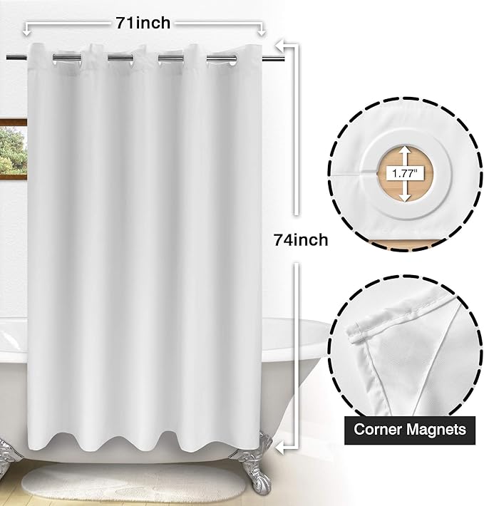 River Dream Fabric Shower Curtain No Hooks Needed - TPU Lining & No Liner Required, Hotel Shower Curtain for Bathroom with Built-in Hooks & Bottom Magnets, Waterproof, White, 71x74