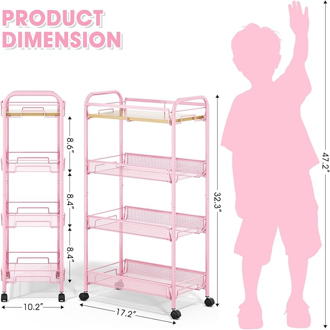 TOOLF 4-Tier Rolling Cart, Metal Utility Cart, Slide Out Storage Cart with Wooden Tabletop and Mesh Baskets, Easy Assemble Trolley for Kitchen Bathroom Laundry Room Bedroom Apartments Dormitory