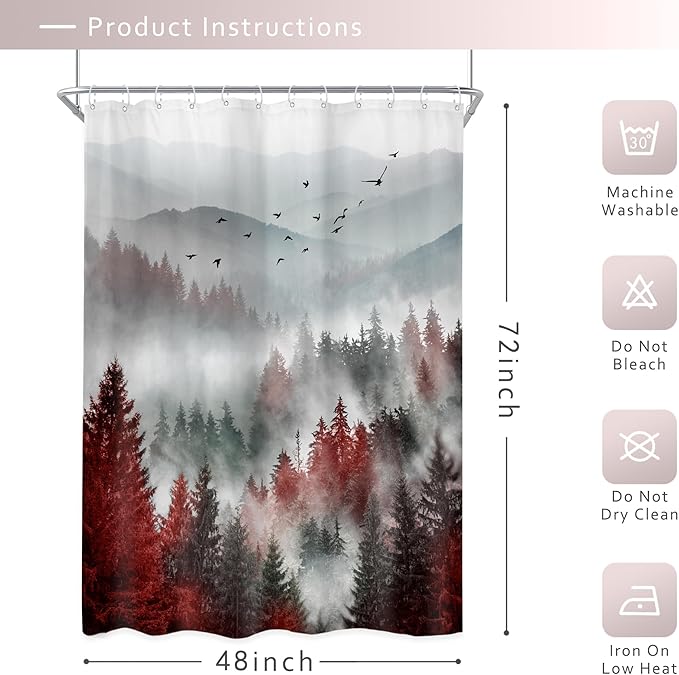 Riyidecor Red Black Mountain Shower Curtain 48Wx72H Inch,Stall Narrow Rv Small Nature Woods,Rustic Landscape Scenery Pine Tree Woodland Cool Bathroom Decor Fabric Polyester Waterproof 12 Pack Hooks