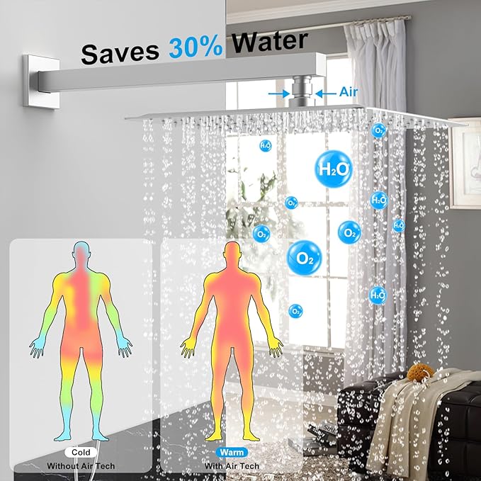 Shower System Modern Rain Brass Faucet Set With Valve and Diverter Shower Mixer With Handheld High Pressure Square Rainfall Shower Valve (12'' Wall Mount, Brushed Nickel)