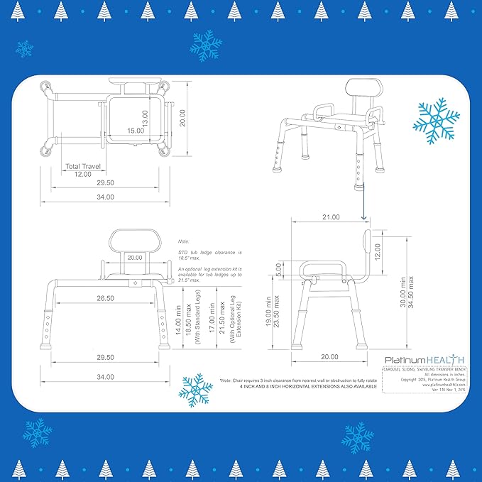 Platinum Health Carousel Sliding Shower Chair Tub Transfer Bench with Swivel Seat, Premium Padded, Pivoting Arms, Adjustable Space Saving Design for Tubs, Inside Shower, for Handicap & Seniors, Blue