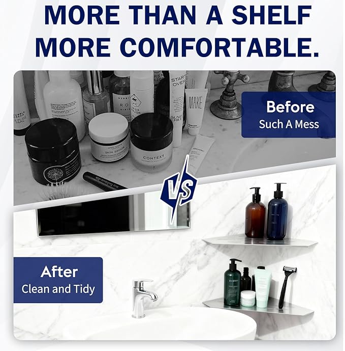 10" Corner Shower Shelf 2 Pcs Brushed 304 Stainless Steel Diamond Heavy Duty Floating Corner Shelves Slot Design Recessed Bathroom Shower Shelf for 90° Tiled Wall, No Drilling Needed