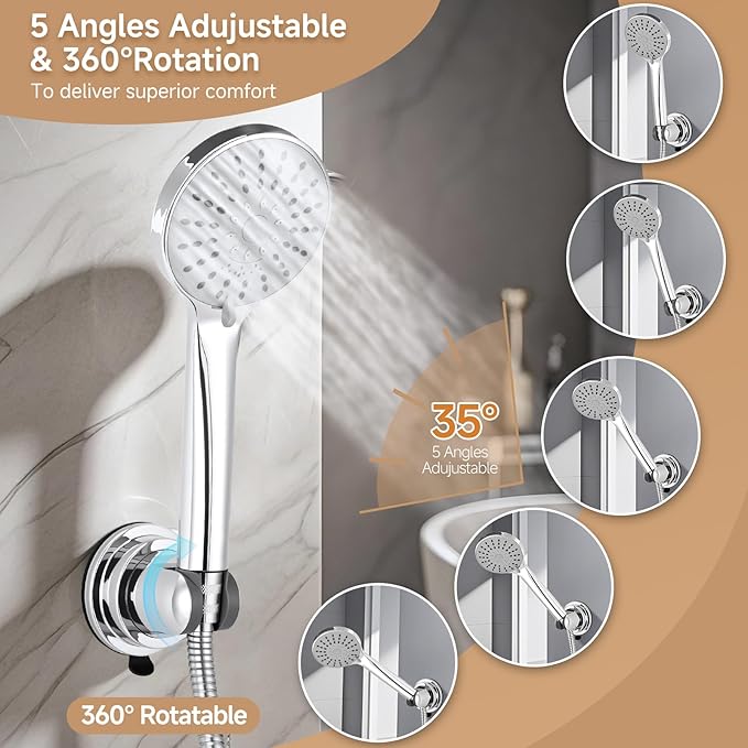 Shower Head Holder, Removable Shower Head Holder Suction for Hanheld Shower Head No Drill Wall Mount Holder Chrome Universal 360° Adjustable Suction Holder