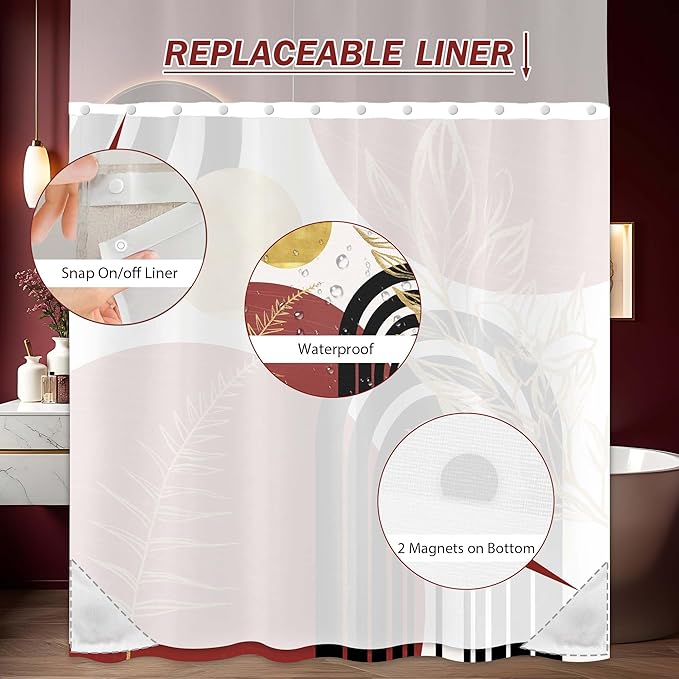 Black and Red Boho See Through Mesh Top Shower Curtain with Window, Dark Red Mid Century Modern Mens Double Layer Shower Curtains with Snap in Liner, Waterproof Fabric with Hooks, 71x72 in
