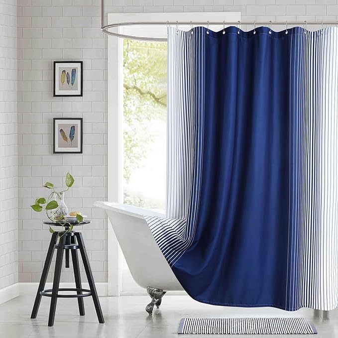 Extra Long Blue Shower Curtain, Modern Navy Blue and White Gradient Vertical Stripe Waterproof Polyester Shower Curtains for Bathroom, 72x84 Inches
