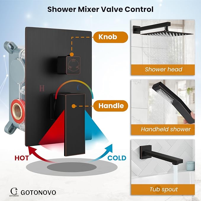 gotonovo Shower System with Tub Spout Wall Mounted Rain Shower Head and Handle Combo Shower Faucet Set with Valve, 12 Inch, Oil Rubbed Bronze