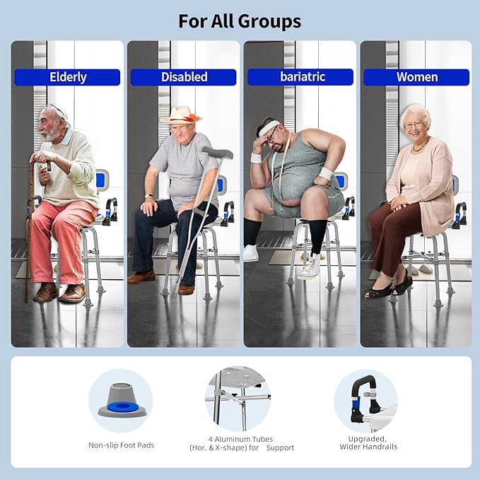 Swive Shower Chair with Arms and Back Heavy Duty 500 lbs for Seniors Elderly Disabled or Bariatric Adults Bench Seat for Inside Shower Stall and Bathroom Bath Tub Seats Adjustable Stool